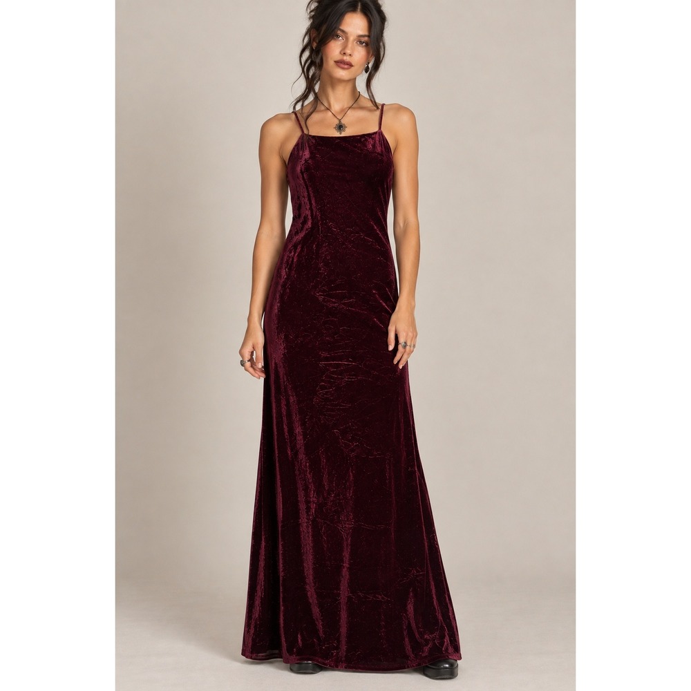 90s Whimsigoth Roberta Burgundy Velvet Maxi Dress Dark Romantic Slip Small